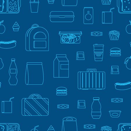Thin Line Color School Lunch Food Boxes Seamless Pattern Background. Vectorのイラスト素材