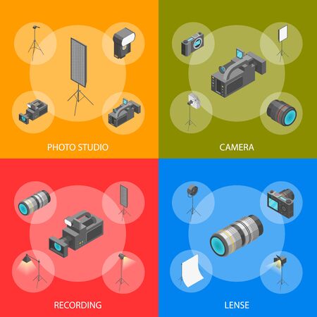 Photo Studio Equipment Signs 3d Banner Set Isometric View Include of Camera and Flash. Vector illustration of Bannersのイラスト素材