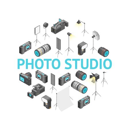 Photo Studio Equipment Round Design Template Ad Isometric View. Vectorのイラスト素材
