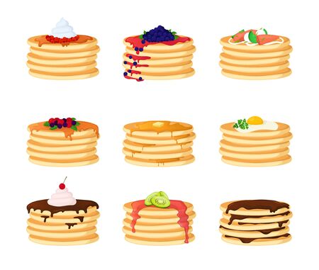 Cartoon Color Pancakes with Different Toppings Set. Vectorのイラスト素材