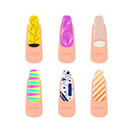 Cartoon Color Manicured Nail Service Art Elements Set Different Types Fingernails Manicure Concept Flat Design Style. Vector illustrationのイラスト素材