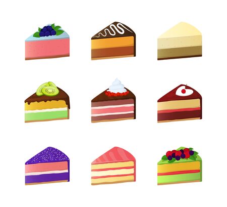 Cartoon Color Sweet Cake Dessert Slice Icon Set. Vectorのイラスト素材