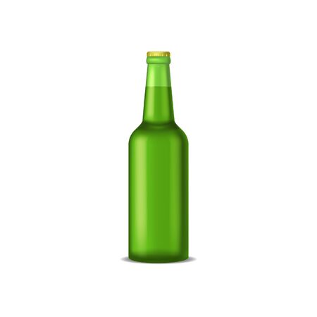 Realistic Detailed 3d Green Beer Bottle on a White Alcohol Drink Glass. Vector illustration of Beverageのイラスト素材