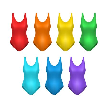 Realistic Detailed 3d Color Blank Swimsuit Woman Template Mockup Set. Vectorのイラスト素材