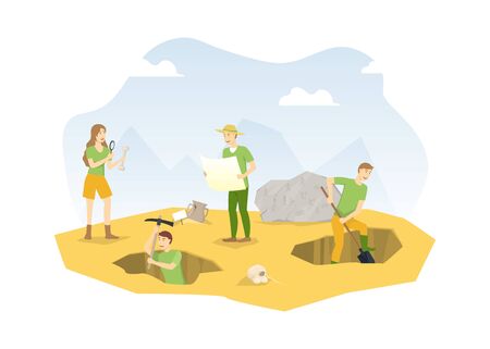 Cartoon Color Characters People and Archeology Excavations Concept. Vectorのイラスト素材