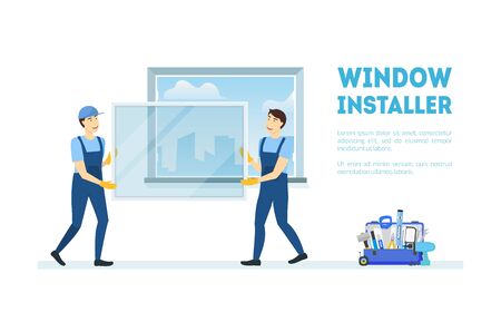 Cartoon Color Characters People with Window Installer Concept. Vectorのイラスト素材