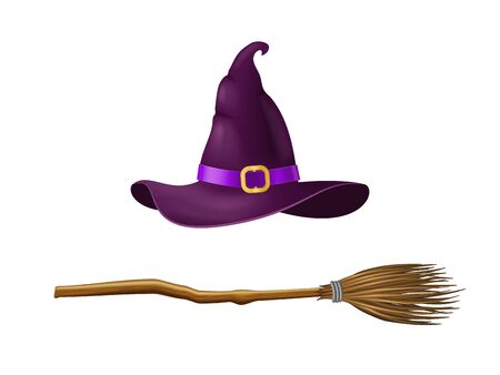 Realistic 3d Detailed Witch Hat and Broom Set. Vectorのイラスト素材