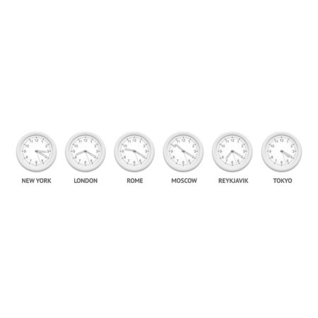 Realistic Detailed 3d Classic Clocks Wall and City Set. Vector