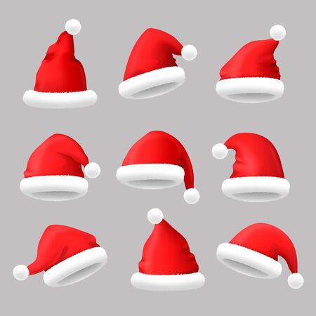 Realistic 3d Detailed Red Santa Hats Set. Vectorのイラスト素材