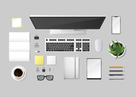 Realistic 3d Detailed Top View Workplace. Vectorのイラスト素材