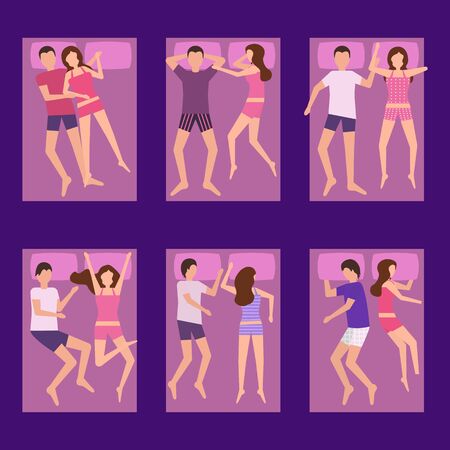 Cartoon Sleeping Couple Characters People Set. Vectorのイラスト素材