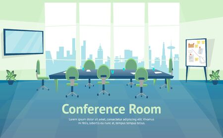 Cartoon Color Conference Hall Business Card Inside Interior Meeting or Corporate Training Concept Element Flat Design Style. Vector illustrationのイラスト素材