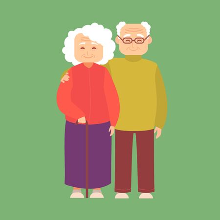 Cartoon Color Characters Couple of Elderly People Man and Woman Set. Vector illustration of Grandmother and Grandfatherのイラスト素材