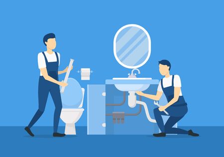 Cartoon Color Character Person Plumbers Concept Flat Design Include of Worker, Pipeline and Spanner. Vector illustrationのイラスト素材