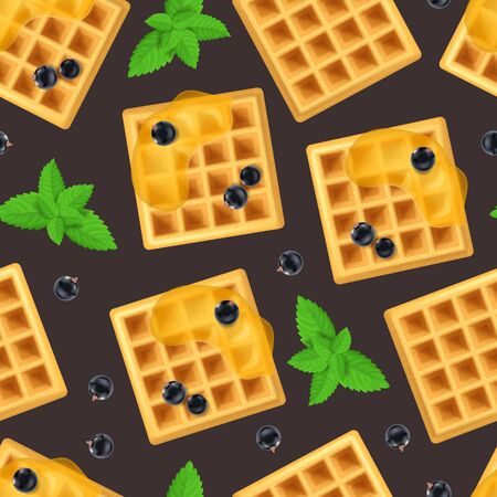 Realistic Detailed 3d Belgian Waffle with Fresh Berry and Green Leaves Peppermint Seamless Pattern Background. Vector illustration of Sweet Dessertのイラスト素材