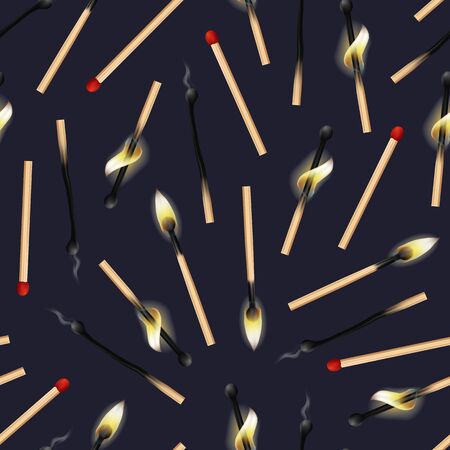 Realistic Detailed 3d Matches Flame Seamless Pattern Background New, Burning and Burnt Match Sticks Stages on a Grey. Vector illustrationのイラスト素材