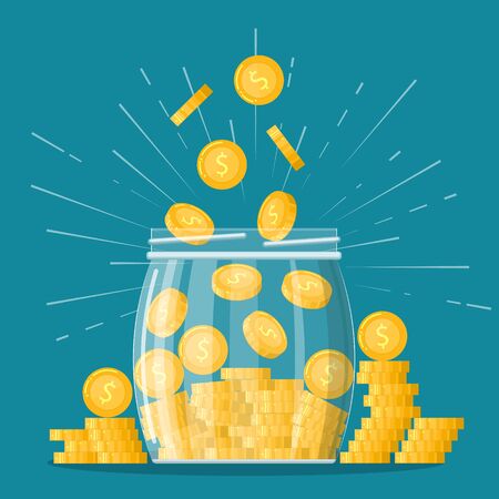 Cartoon Golden Coin or Money in Jar. Vectorのイラスト素材