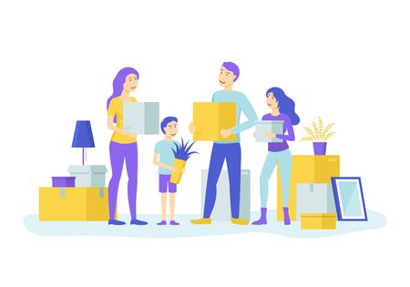 Cartoon Color Characters People and Happy Family Moving Concept. Vectorのイラスト素材
