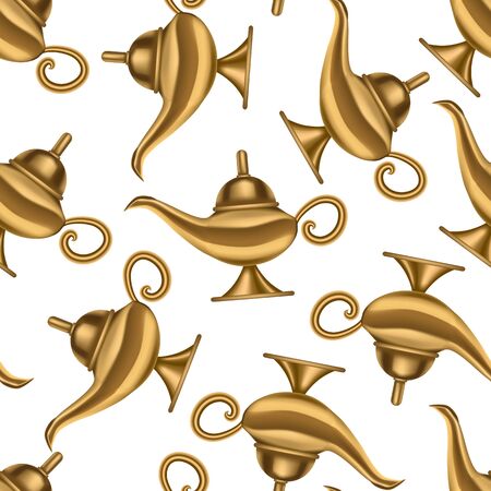Realistic Detailed 3d Shiny Magic Lamp Seamless Pattern Background. Vectorのイラスト素材