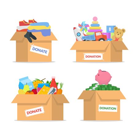 Cartoon Color Cardboard Donation Box Icon Set. Vectorのイラスト素材