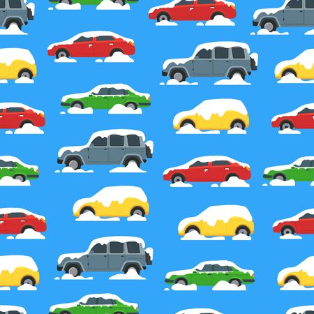 Cartoon Color Cars Covered Snow Seamless Pattern Background. Vectorのイラスト素材
