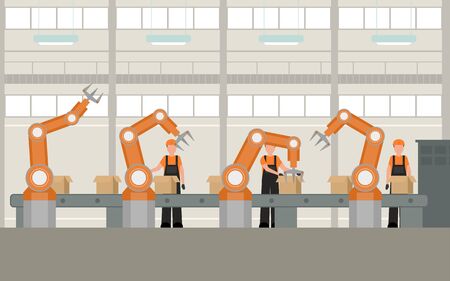 Cartoon Color Smart Factory Inside Interior on a Windows. Vectorのイラスト素材