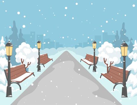 Cartoon Color Winter City Park Scene Concept. Vectorのイラスト素材