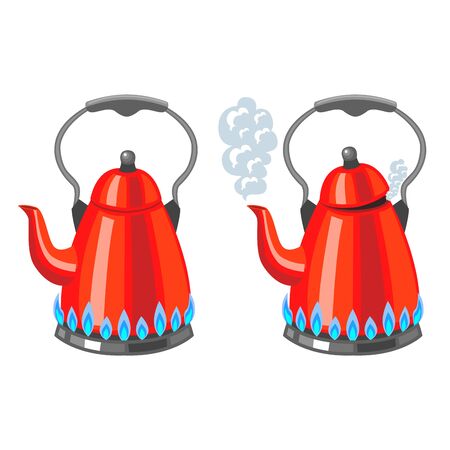 Cartoon Color Red Kettle Boiling with Water on Gas Kitchen Stove Flame Set Flat Design. Vector illustrationのイラスト素材