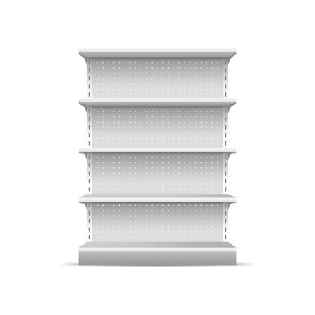 Realistic 3d Detailed White Blank Supermarket Shelves Empty Template Mockup for Merchandising. Vector illustration of Shelveのイラスト素材