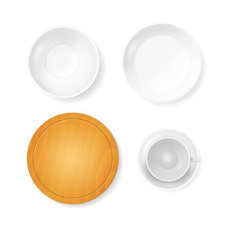 Realistic Detailed 3d White Ceramic and Wood Plate Set. Vectorのイラスト素材