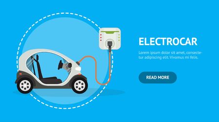 Cartoon Electric Car Ad Poster Card Energy Technology Concept Element Flat Design Style. Vector illustrationのイラスト素材