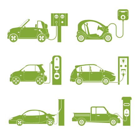 Cartoon Silhouette Green Electric Car Different Design Icon Set Energy Technology Concept Element Flat Design Style. Vector illustration of Iconsのイラスト素材