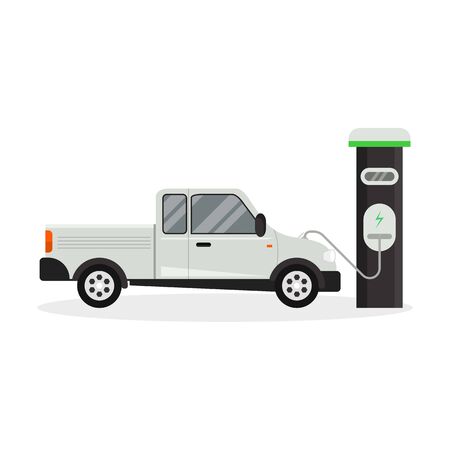 Cartoon Electric Car on a White Energy Technology Concept Element Flat Design Style. Vector illustration of Autoのイラスト素材