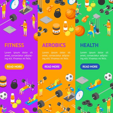 Fitness Club Concept Banner Vecrtical Set 3d Isometric View. Vectorのイラスト素材