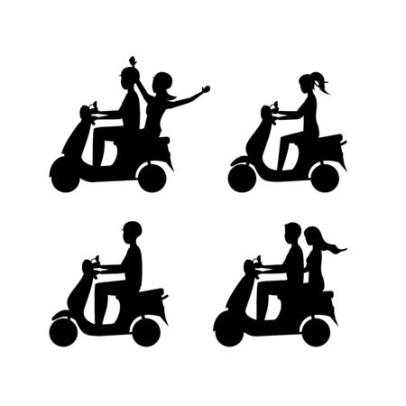 Cartoon Silhouette Black Characters Group of People Riding Motorcycle Set. Vectorのイラスト素材