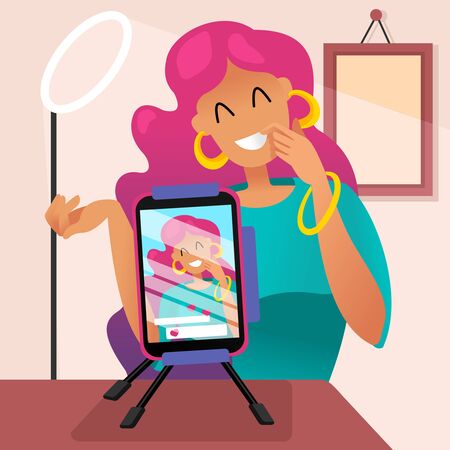 Cartoon Color Character Person Female Podcast Blogger Concept. Vectorのイラスト素材