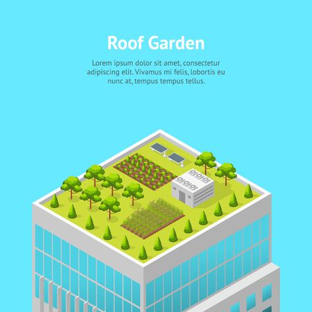 Garden on The Roof Concept Card Ad 3d Isometric View. Vectorのイラスト素材