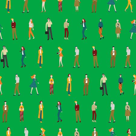 Cartoon Characters Men and Women Holding Smartphones Seamless Pattern Background Gadgets Communication Technology Concept Element Flat Design Style. Vector illustrationのイラスト素材