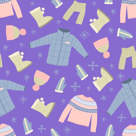 Cartoon Winter Warm Clothes Seamless Pattern Background Include of Hat, Scarf, Glove, Sweater and Jacket. Vector illustration of Iconsのイラスト素材