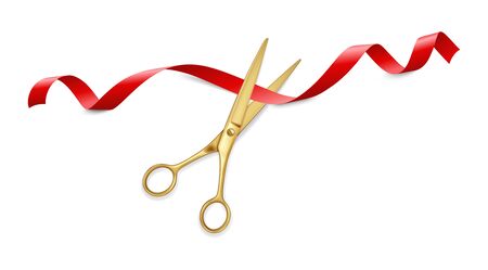Realistic 3d Detailed Scissors Cut Red Ribbon. Vectorのイラスト素材