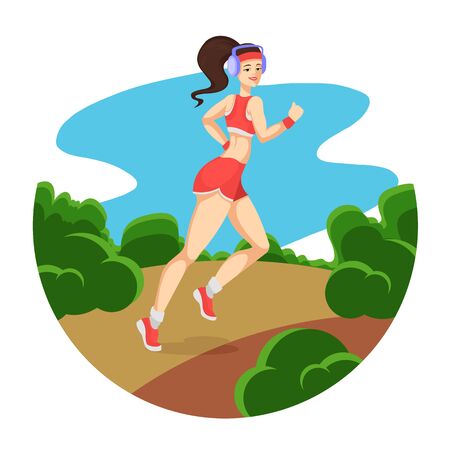 Cartoon Color Character Person Woman Running in The Park Concept. Vectorのイラスト素材