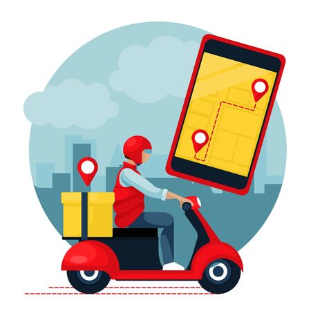 Cartoon Color Character Person and Food delivery App Concept Flat Design Style Include of Smartphone and Motorbike. Vector illustrationのイラスト素材