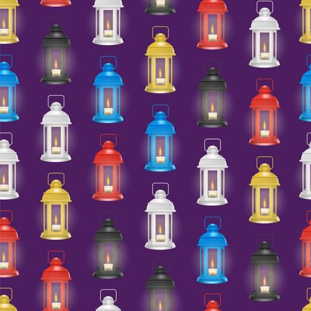 Realistic 3d Detailed Vintage Lantern Glowing Seamless Pattern Background. Vectorのイラスト素材