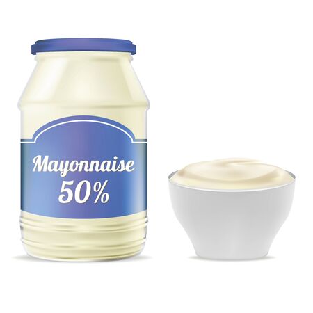 Realistic 3d Detailed Mayonnaise and Bowl Set. Vectorのイラスト素材