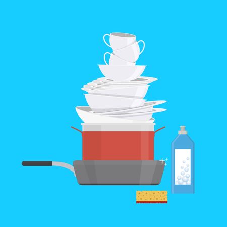 Cartoon Color Clean Dishes Set on a Blue. Vectorのイラスト素材