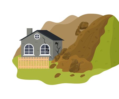 Cartoon Color Home Building and Landslide Danger Concept Flat Design Style. Vector illustration of Natural Disasterのイラスト素材
