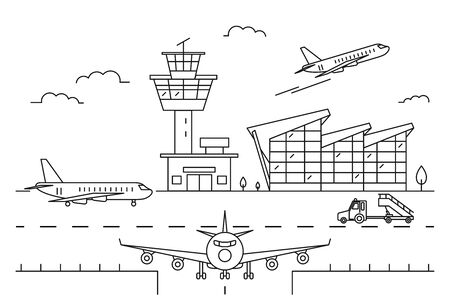 Airport Landscape Scene Black Linear Style Include of Building and Airplane. Vector illustration of Lineart Styleのイラスト素材