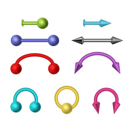 Realistic 3d Detailed Shiny Color Metal Piercing Jewelry Set. Vectorのイラスト素材