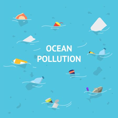 Cartoon Plastic Ocean Pollution Concept Card. Vectorのイラスト素材