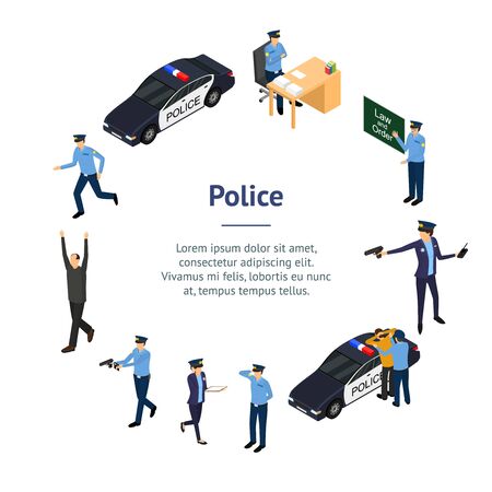 Character Policeman in Uniform Concept Banner Card Circle 3d Isometric View Include of Car and Gun. Vector illustration of Sitting, Running and Standing Personのイラスト素材